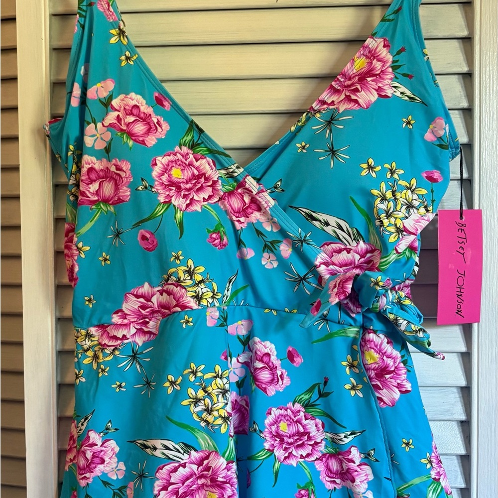 Betsey Johnson Pink Floral Blue Swimsuit - Picture 2 of 7